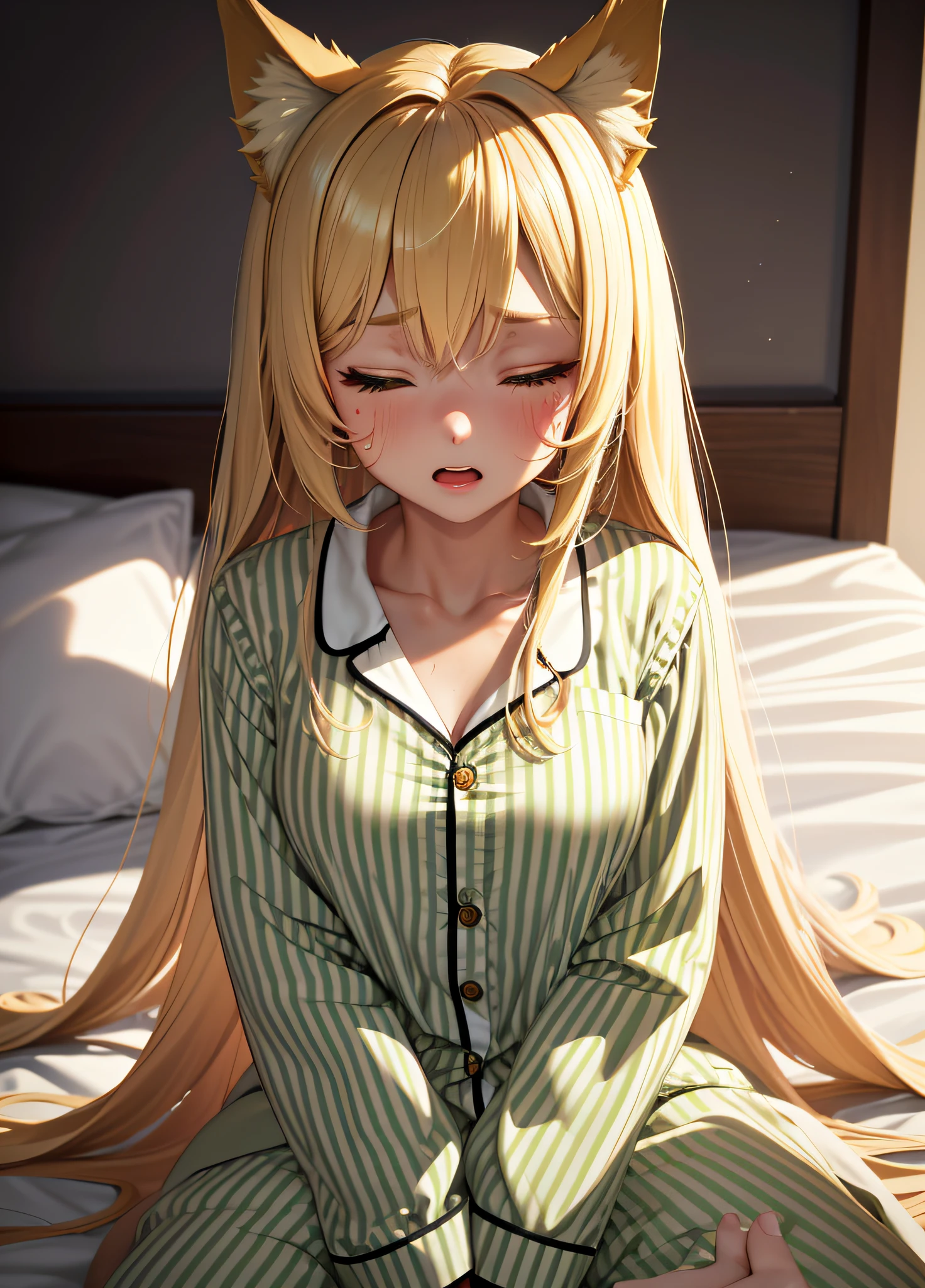 Anime Girl With Long Blonde Hair Sitting On A Bed SeaArt AI