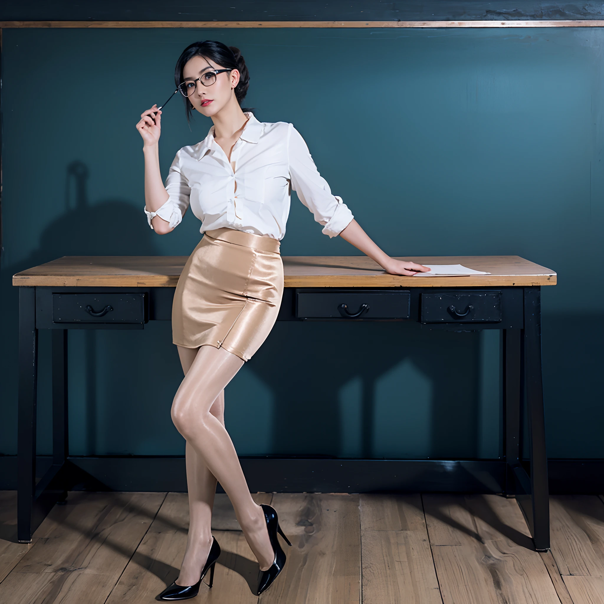 Arafed Woman In A Skirt And Shirt Posing In Front Of A Desk Seaart Ai