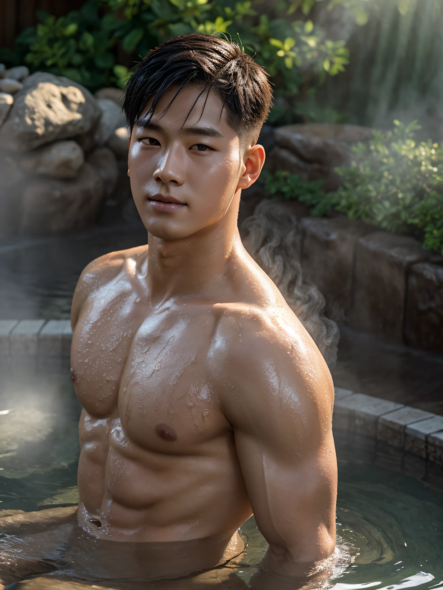 There Is A Man That Is In The Water With A Hot Tub SeaArt AI
