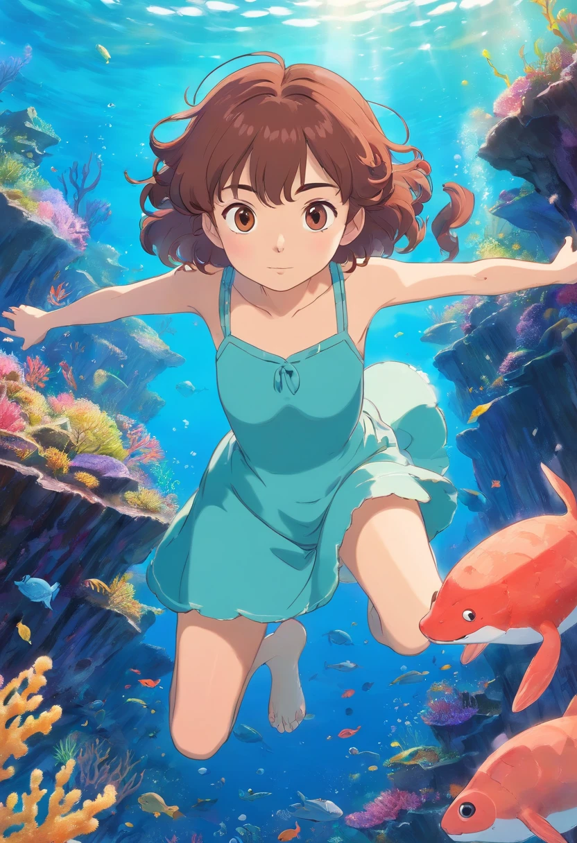 A Girl In A Blue Dress Is Swimming In The Ocean With Fish SeaArt AI