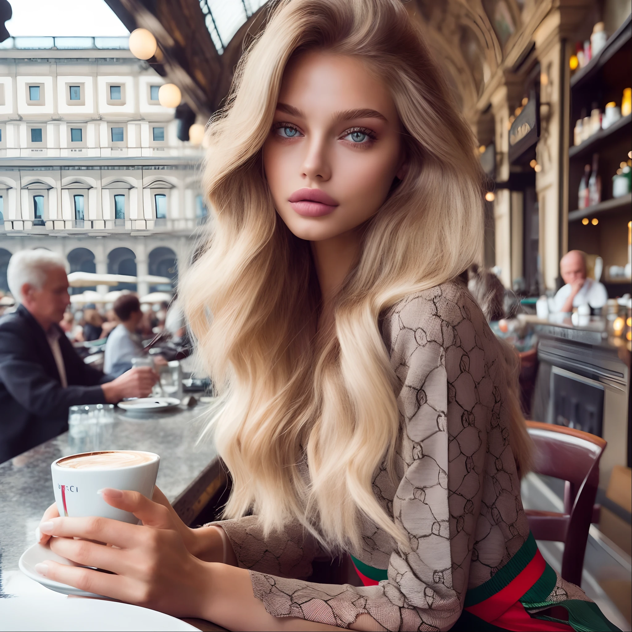 Blonde Woman With Long Hair Sitting At A Table With A Cup Of Coffee