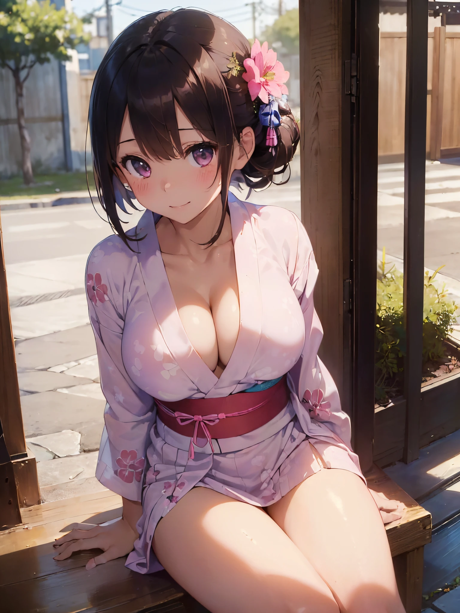 Anime Girl With Big Breast Sitting On A Bench In A Purple Kimono