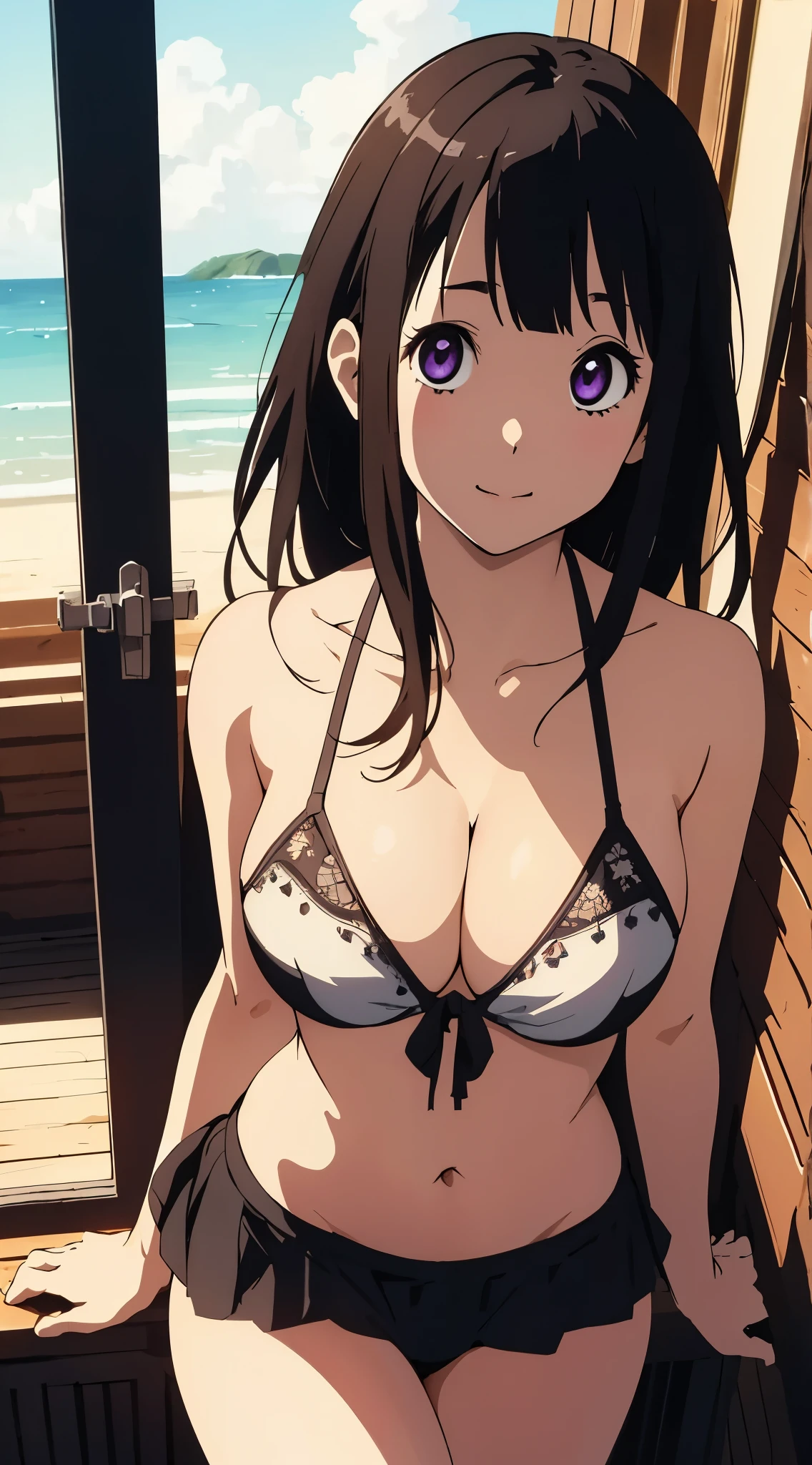 Anime Girl In A Bikini Posing On A Deck Near The Ocean SeaArt AI