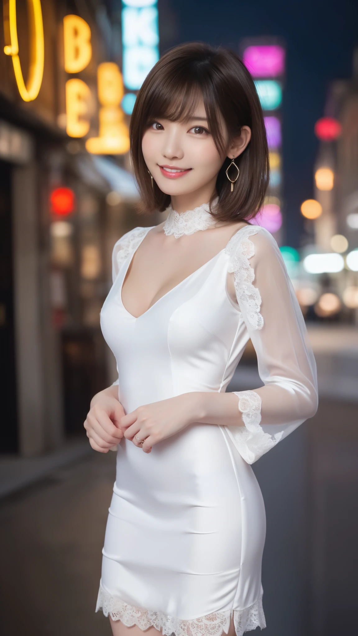 A Woman In A White Dress Posing For A Picture In The Street Seaart Ai