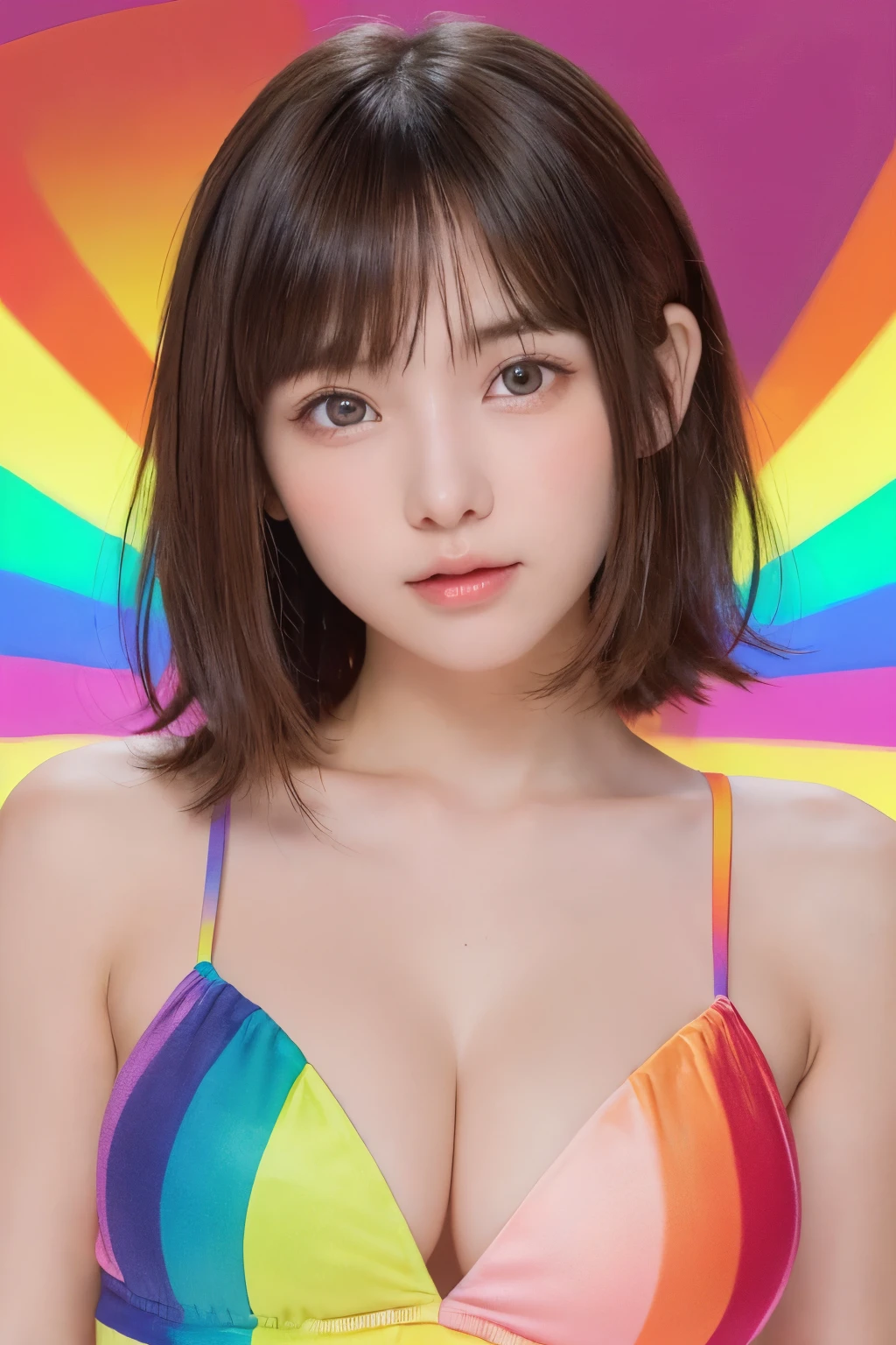 A Woman In A Colorful Bikini Top Posing For A Picture SeaArt AI