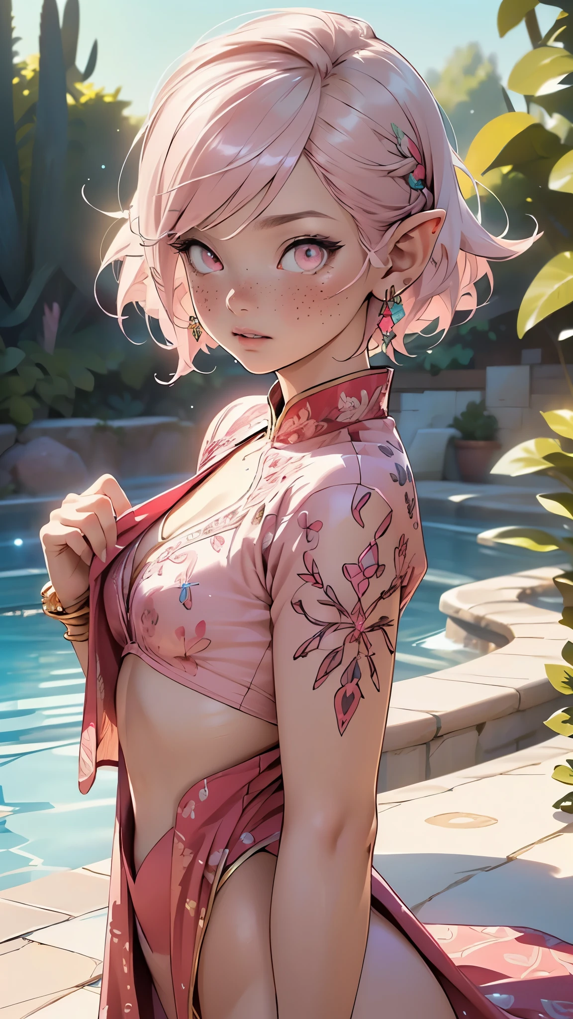 A Woman In A Pink Dress Standing Next To A Pool SeaArt AI