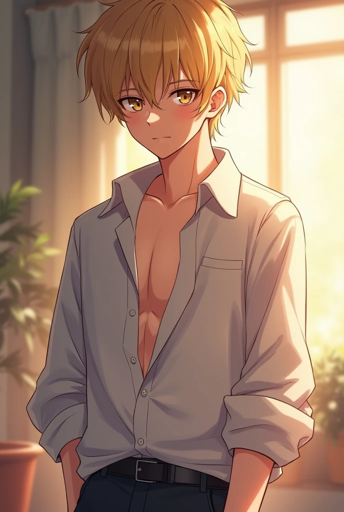 Make An Anime Man Blonde Hair Seducer Cute With Baggy Shirt SeaArt AI
