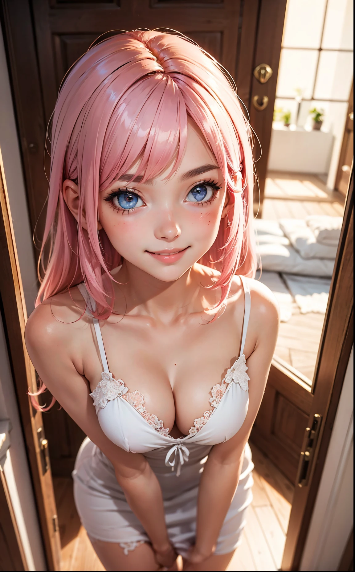 A Close Up Of A Woman With Pink Hair And Blue Eyes SeaArt AI