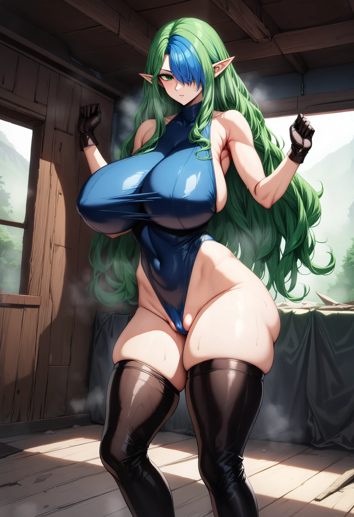 Anime Girl With Green Hair And Blue Eyes Posing Naked SeaArt AI