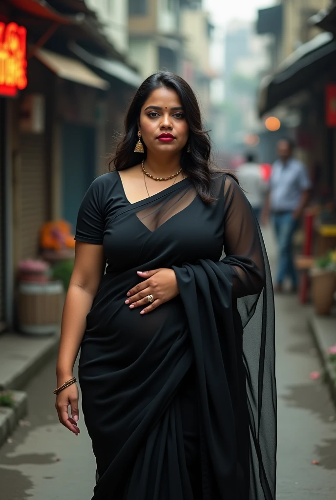 Indian Hot Chubby Woman Dressed In Black Transparent Saree Along With