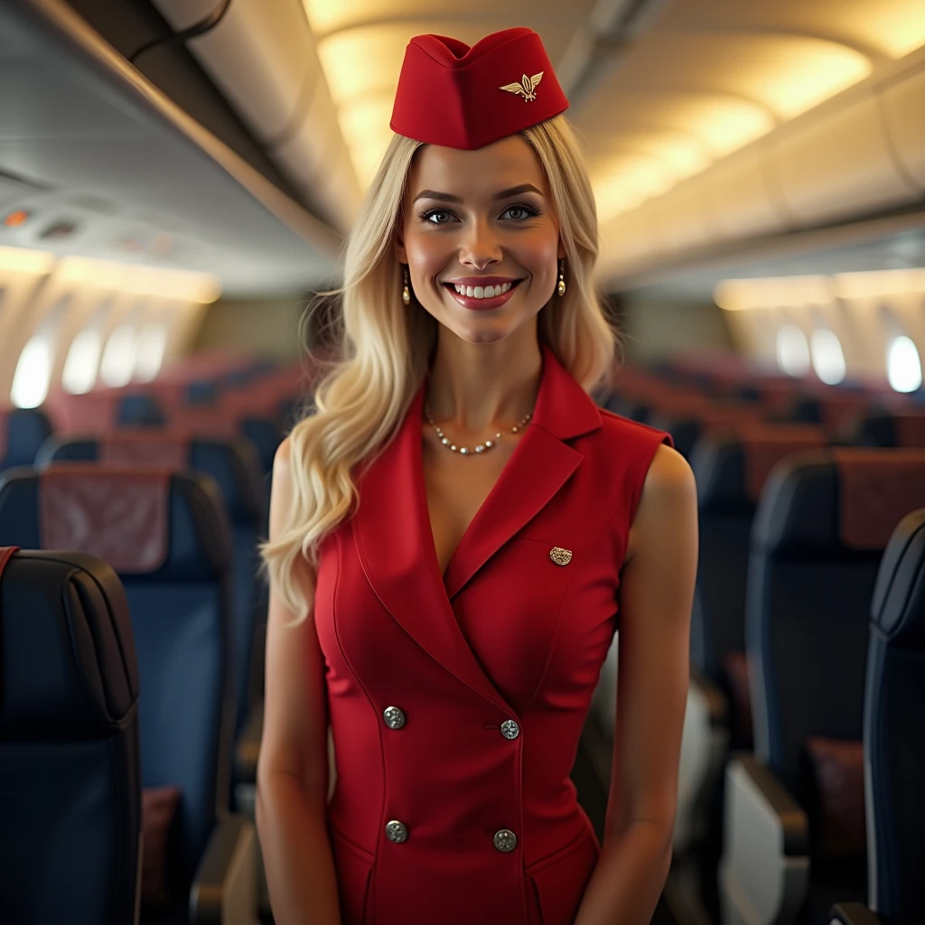 A Beautiful Blonde Flight Attendant Standing In An Airplane Smiling