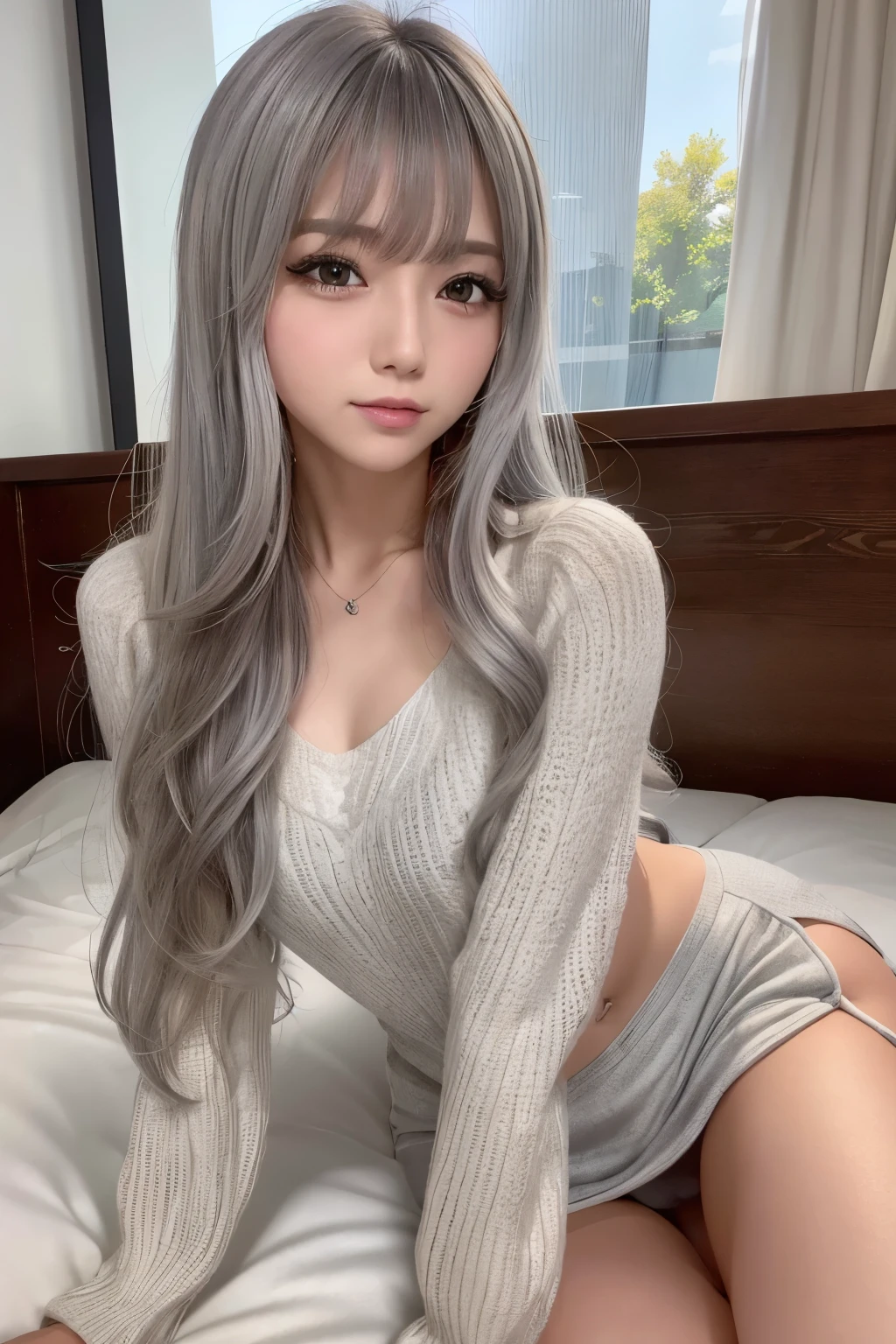 A Close Up Of A Woman With Long Gray Hair Sitting On A Bed Seaart Ai