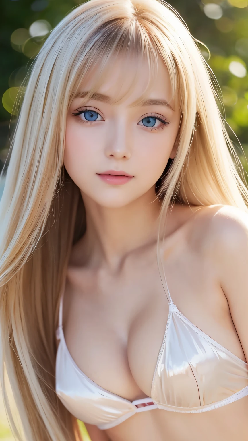 A Close Up Of A Woman With Long Blonde Hair Wearing A White Bikini