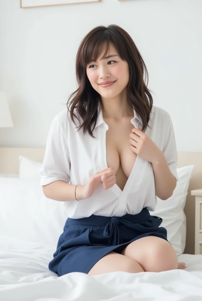 A Wife In A Company Uniform Is Sitting On The Bed Wearing White Shirts