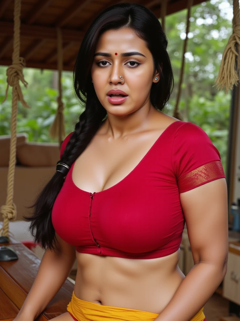 Hot Curvy Women Sitting In Wooden Bed Tied Of Ropes In A Red Designer