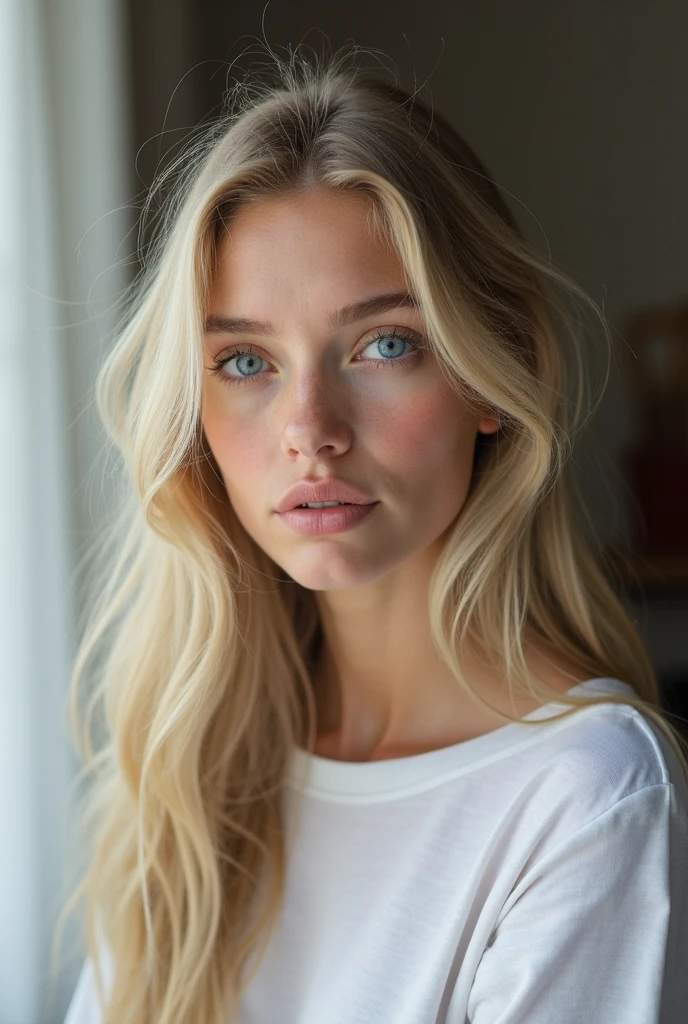 Beautiful Blue Eyed Blonde Girl Is In The House Wearing A White T