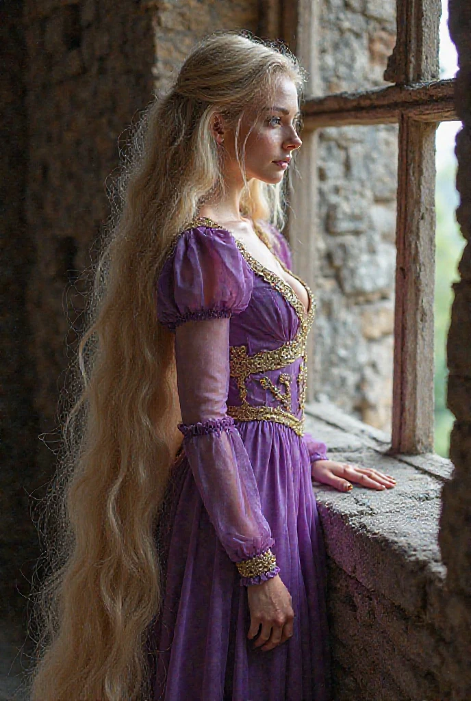 Rapunzel Sexy Nude Extremely Long Blond Hair Purple Dress SeaArt AI