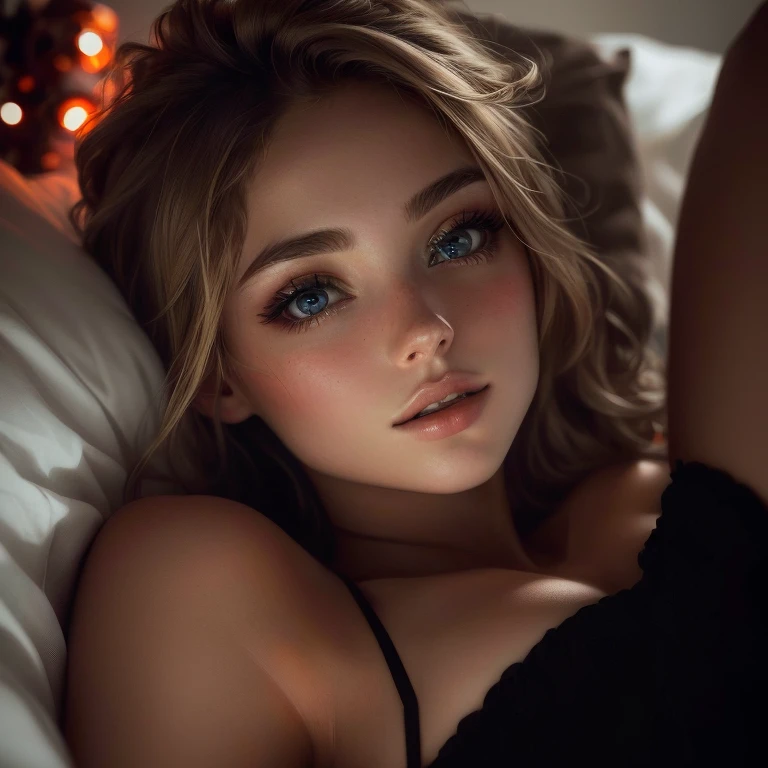Femme blonde allongée sur un lit avec un haut de bikini noir SeaArt AI