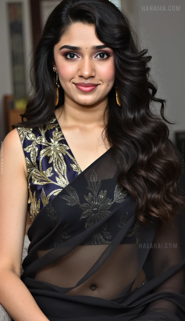 Krithi Shetty In Hot Black Saree Without Blouse Or Bra Fleshy Navel