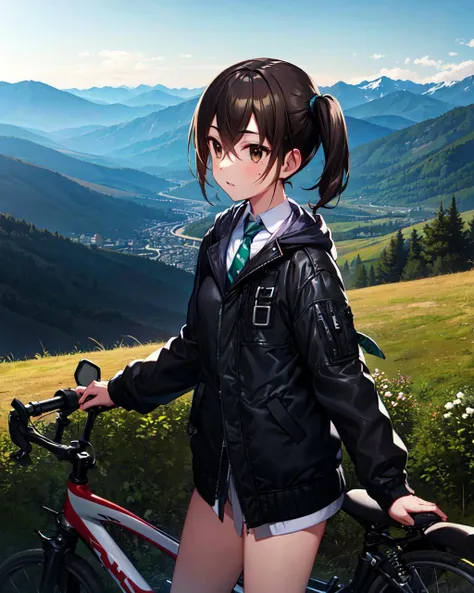 Anime Girl With A Bicycle In A Field With Mountains In The Background