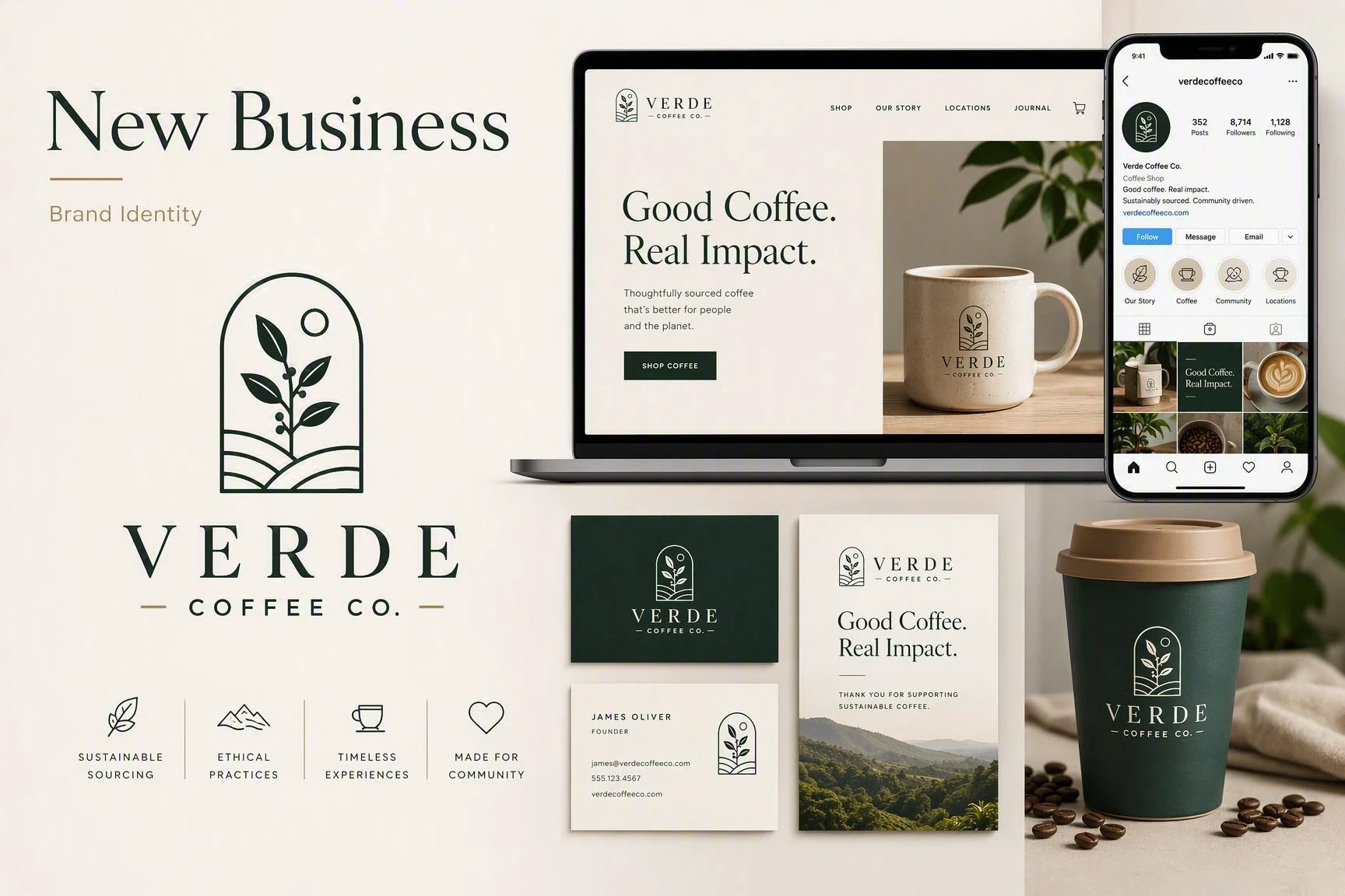 Verde Coffee identity across its website, social media, and brand materials
