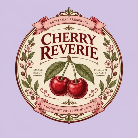 Vintage gourmet food logo with cherries, bow and ornamental label