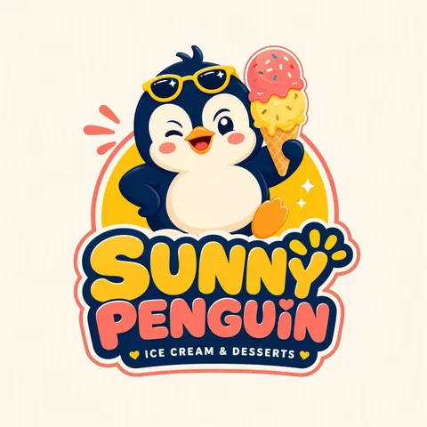 Ice cream shop logo with a penguin mascot holding ice cream and wearing sunglasses