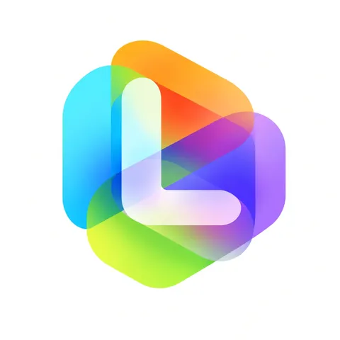 Augmented reality logo with translucent shapes and the letter L