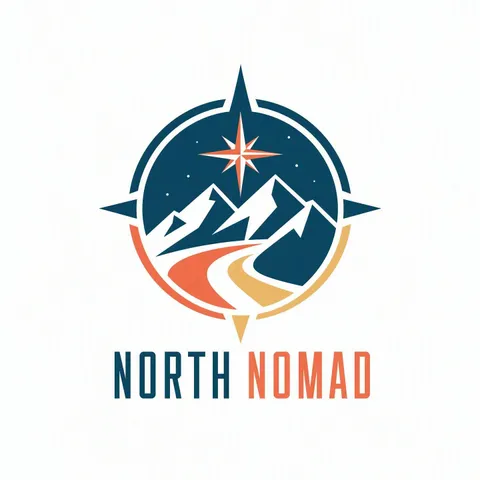 Geometric travel logo with a compass, mountain range and North Star