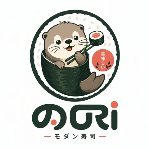 Kawaii anime sushi logo with an otter and chopsticks