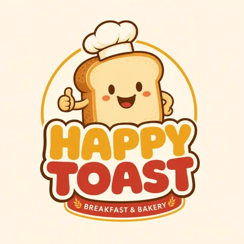 Bakery logo with a smiling toast mascot and chef hat