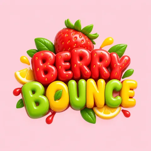 Futuristic 3D fruit drink logo with rounded lettering and strawberries