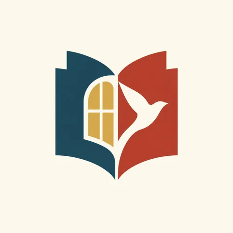 Minimalist bookstore logo with negative-space book pages, a window and a bird