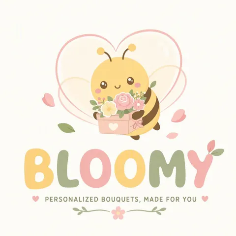 Kawaii anime flower shop logo with a bee and flower box