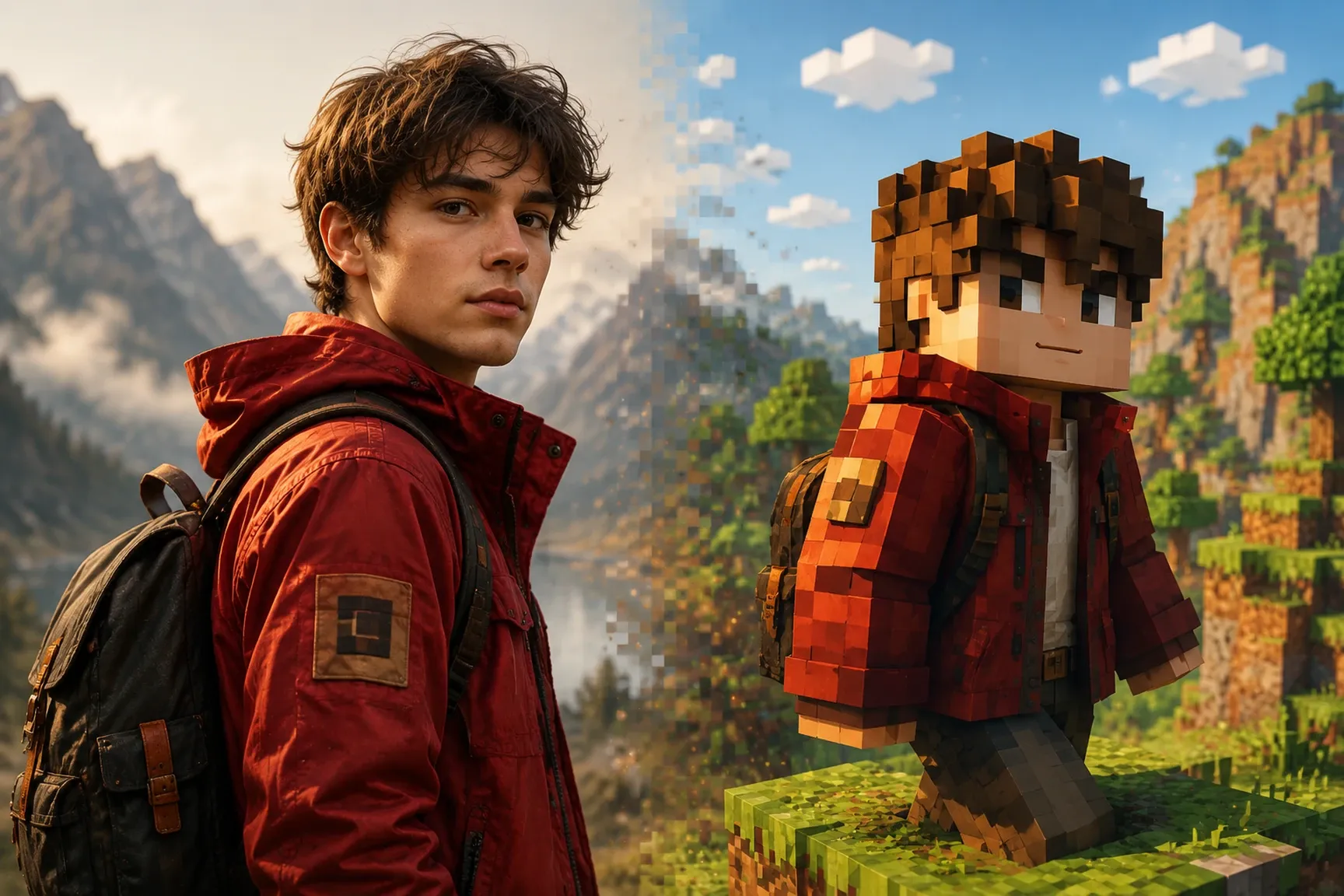 Reference photo transformed into an AI Minecraft skin.