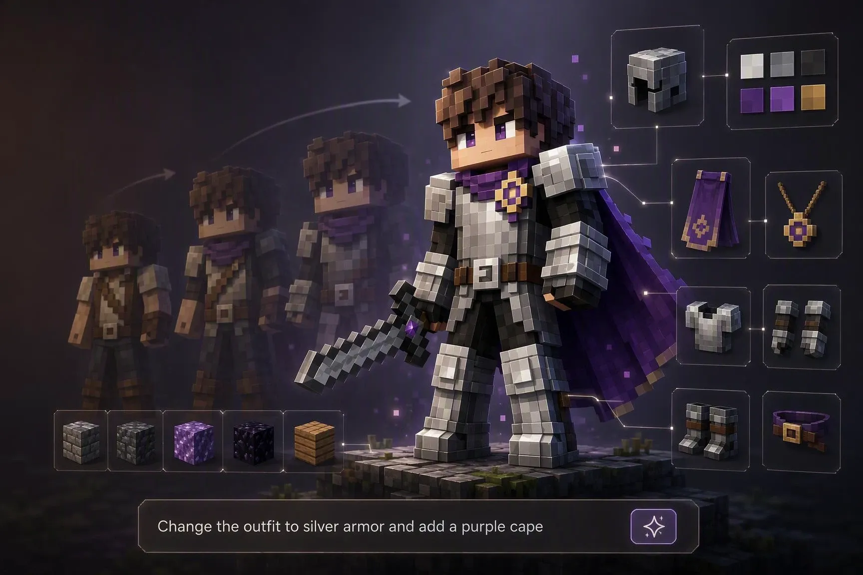 AI-generated variations of a customized Minecraft skin.