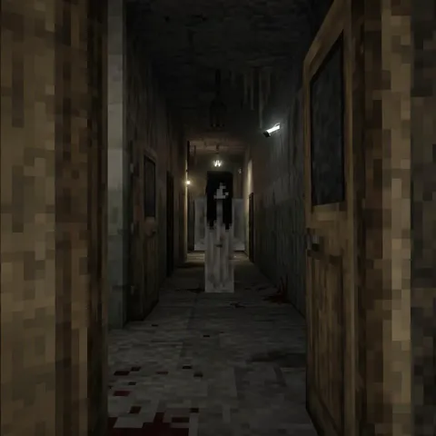 Pale creature appearing in an abandoned hallway.
