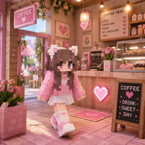Kawaii cat girl outside a small café.