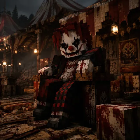 Sinister clown in a dark, abandoned circus.