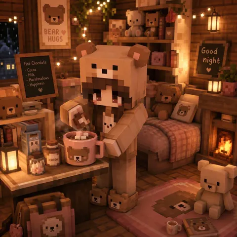 Character in bear pajamas in a cozy room.