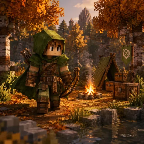 Medieval Minecraft archer exploring an autumn forest.