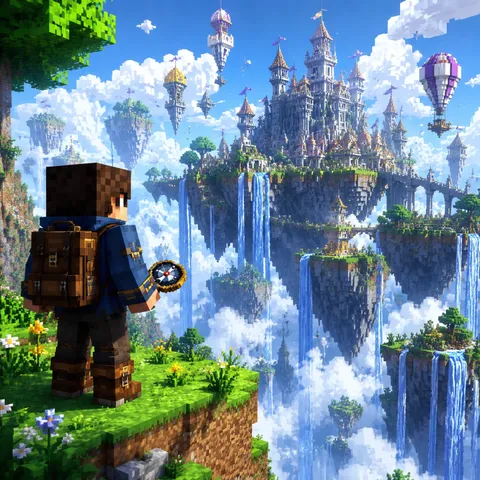 Fantasy explorer facing a kingdom of floating islands.