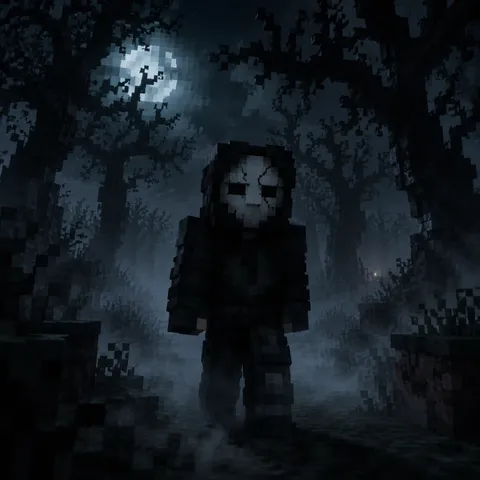 Masked Minecraft character in a fog-covered forest.
