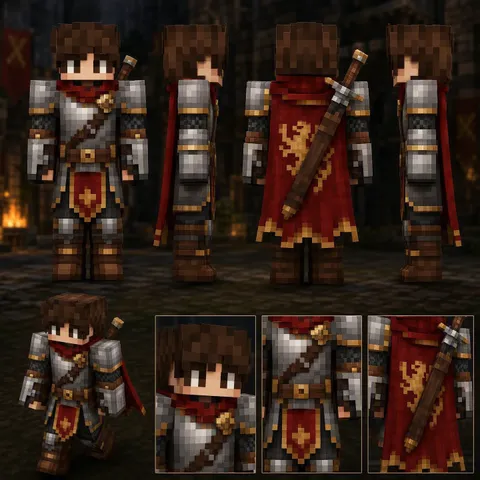 Minecraft knight with silver armor and a red cape.
