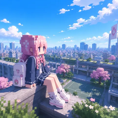Pink-haired anime adventurer on a school rooftop.