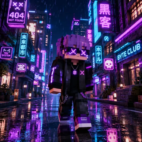 Purple-haired cyberpunk hacker beneath neon lights and rain.