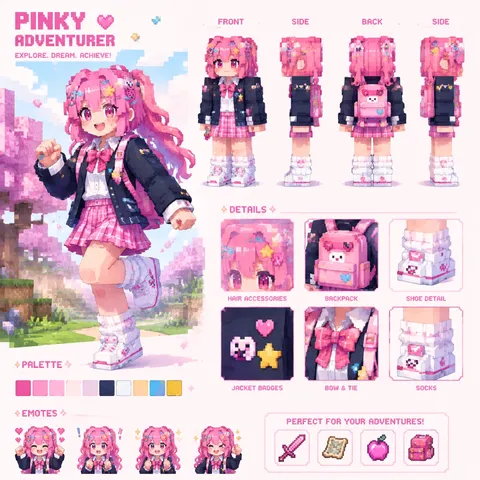 Youthful anime character with pink hair and colorful accessories.