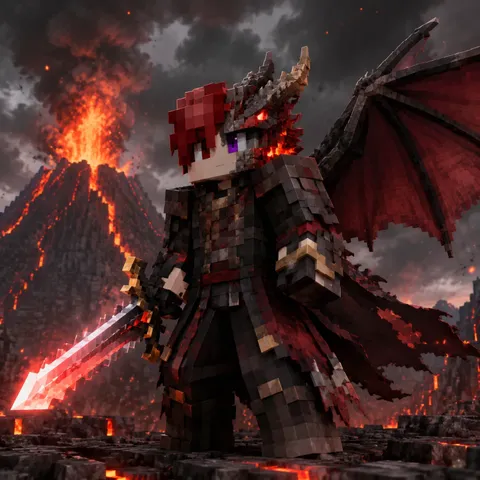 Half-dragon warrior standing before an erupting volcano.