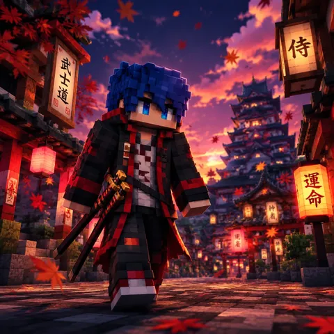 Anime Minecraft swordsman with blue hair.