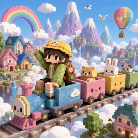 Kawaii character riding a toy train.